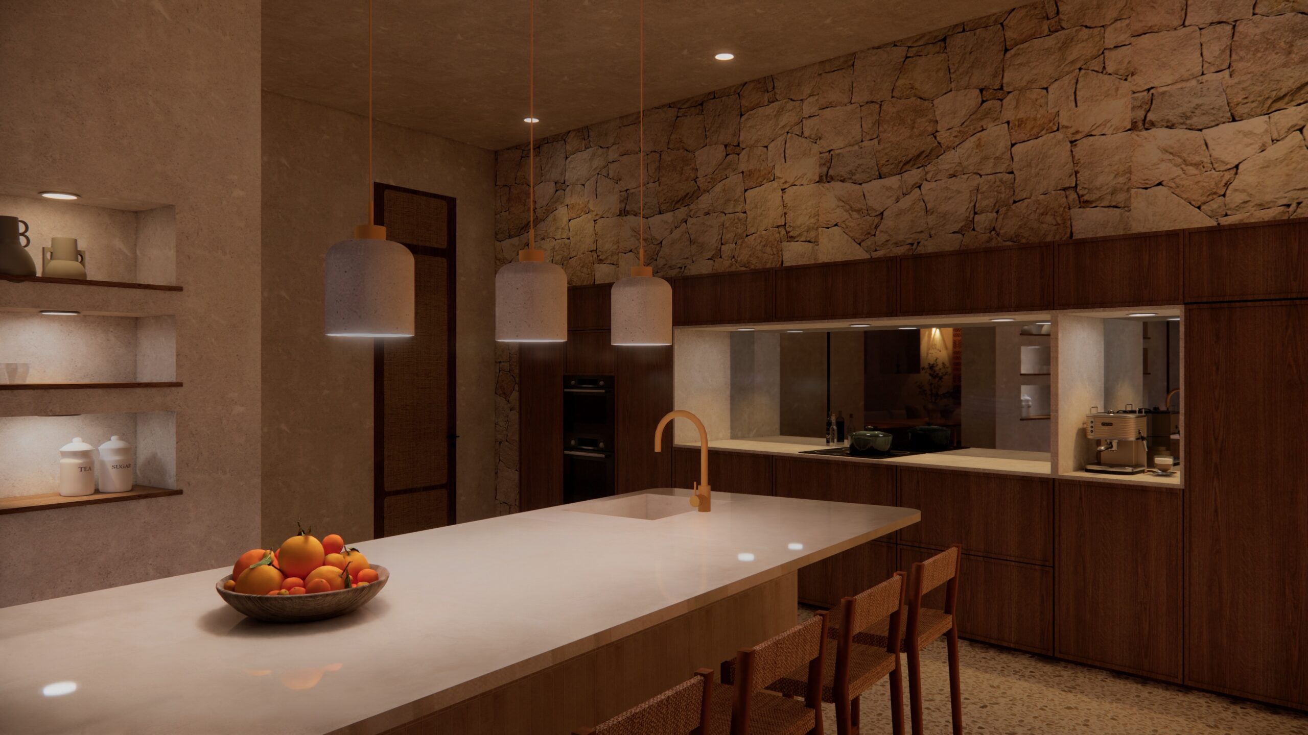 Visuel 3D d'une cuisine d'intérieur moderne en bois sur projet Essaouira