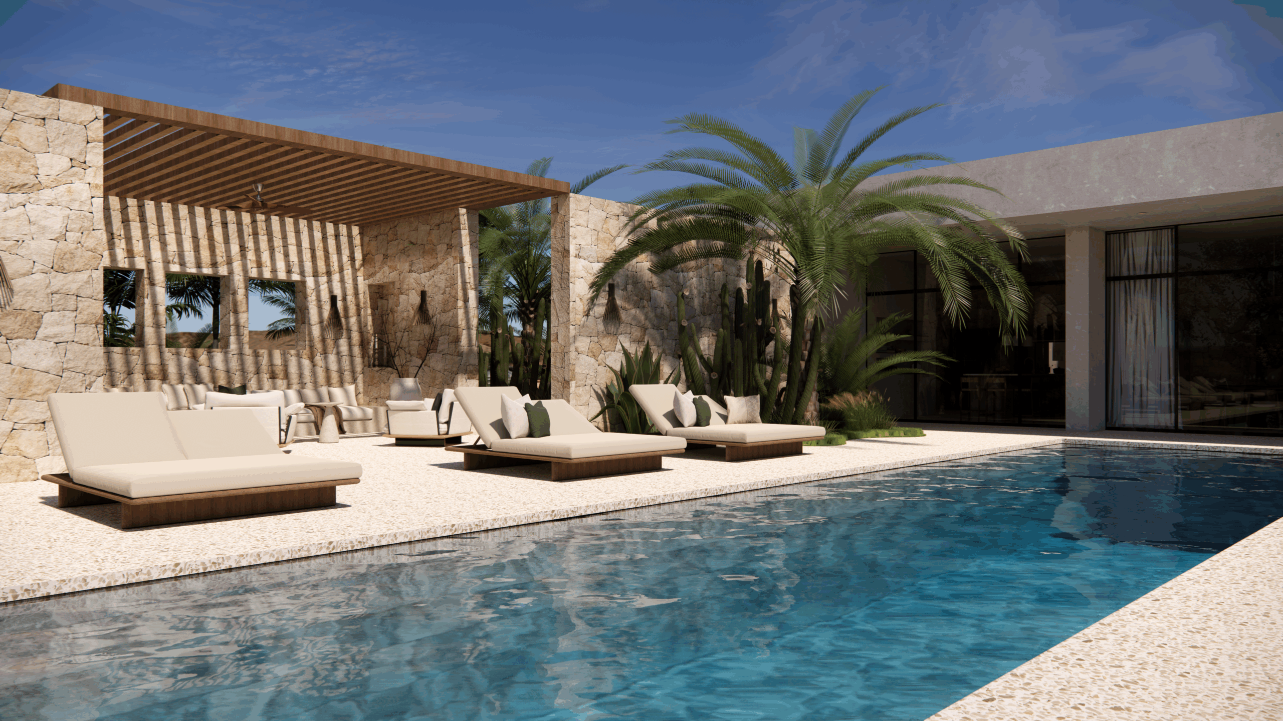 Visuel 3D avec vu d'extérieur pisicine, salon, et bain de soleil sur projet Essaouira