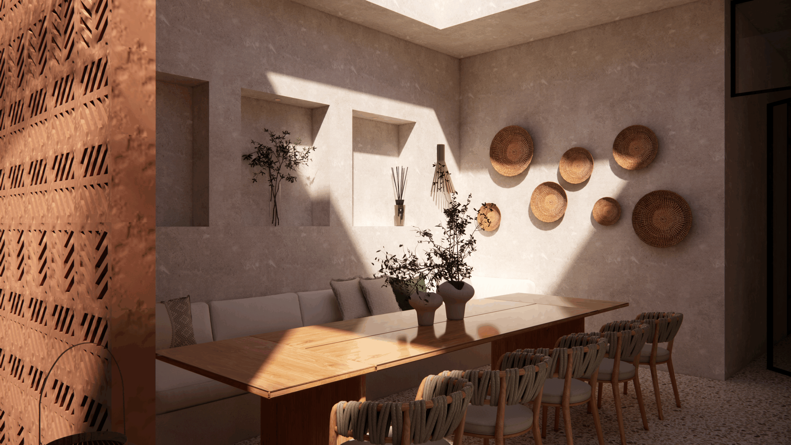 Visuel 3D d'une salle à manger extérieur sur le projet Essaouira