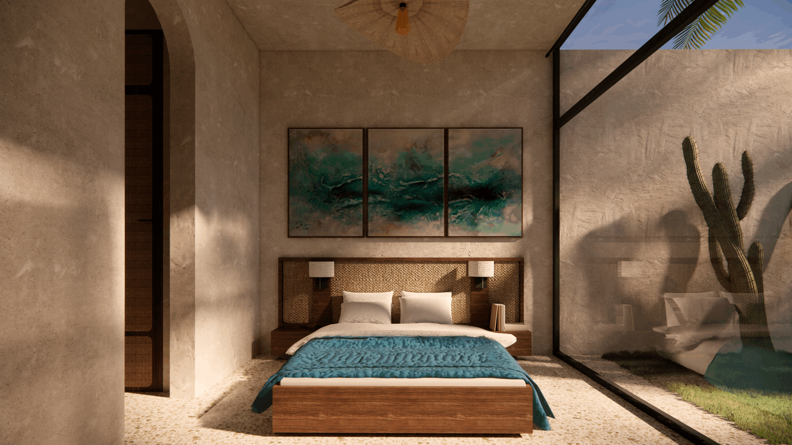Visuel 3D d'une grande chambre avec une grande baie vitrée, très ouvert sur le projet Essaouira