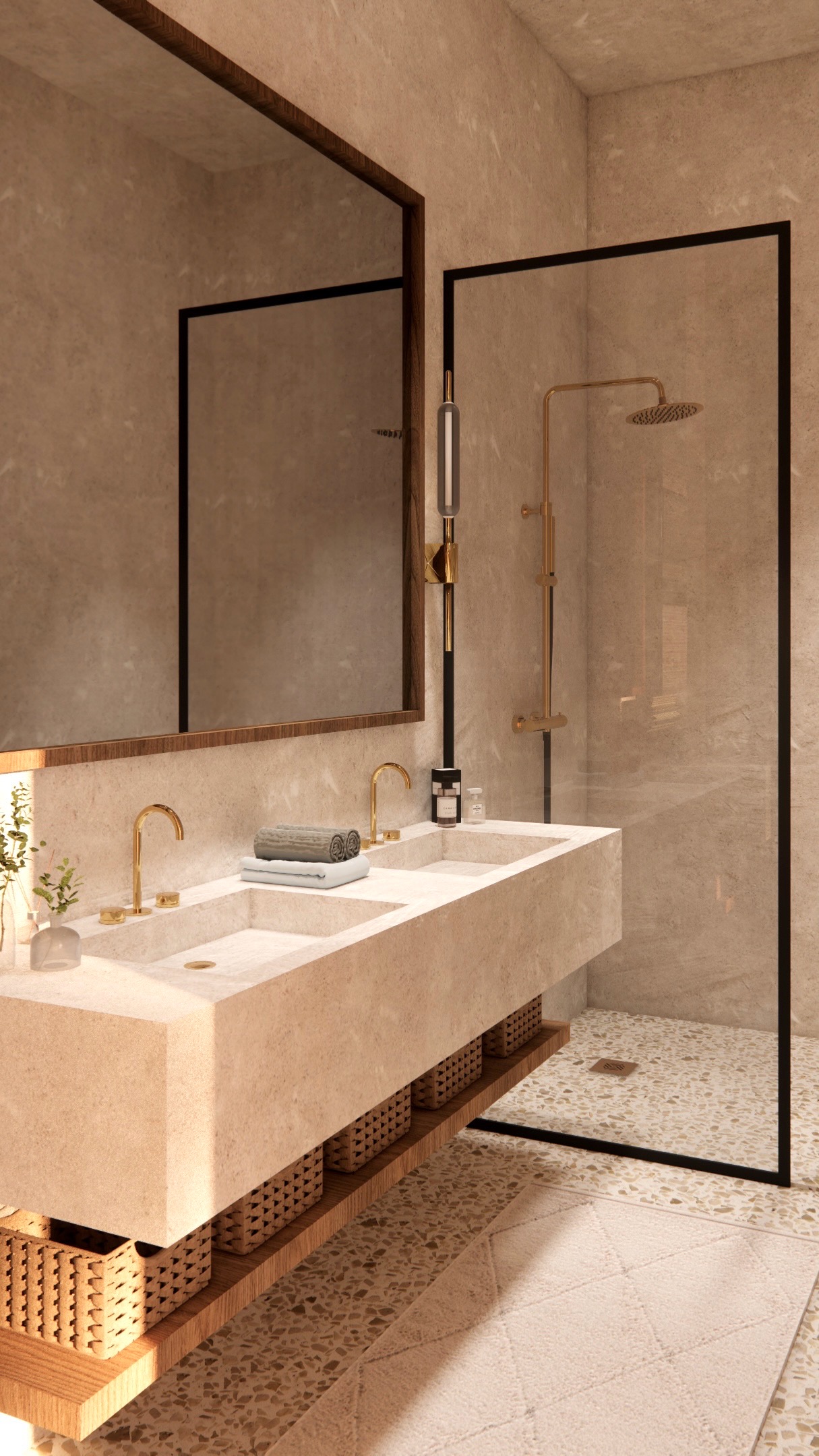 Visuel 3D d'une salle de bain avec un evier en marbre, une belle douche à l'italienne, et de la pierre autour sur le projet Essaouira